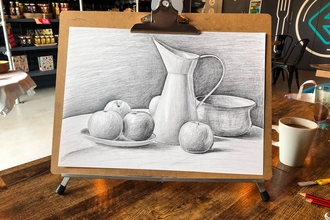 Image of a black and white drawing of fruit and a jug