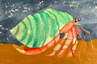 Watercolour hermit crab with green shell artwork