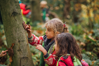 Photo of two children in the woods