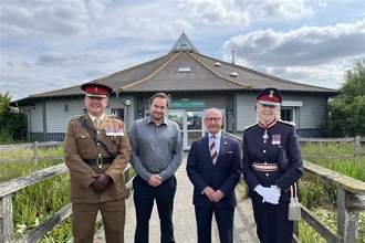Lieutenant Colonel Ed Rankin and Essex County Councillor, Derrick Louis, Lord Lieutenant Mrs Jennifer Tolhurst and CEO Rich Yates outside Abberton Reservoir Nature Discovery Park.