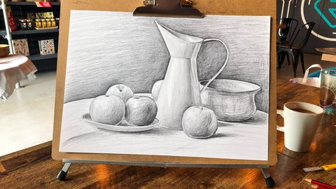 Image of a black and white drawing of fruit and a jug