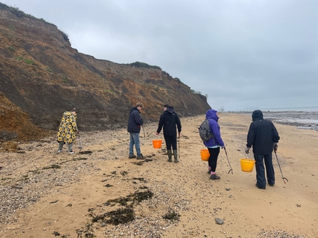 5 people picking up litter along The Naze coastline