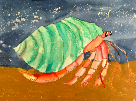 Watercolour hermit crab with green shell artwork