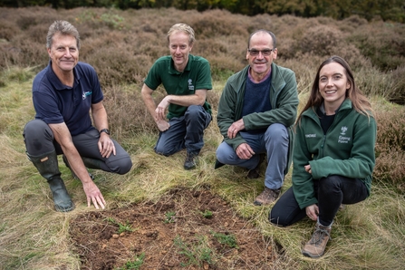 Jez Dagley from Essex Wildlife Trust with City of London Corporation colleagues crouching behind a new patch of planted bell heather at Epping Forest