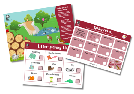 Spring Pickers activity pack: litter picking bingo, calendar and spot the litter.