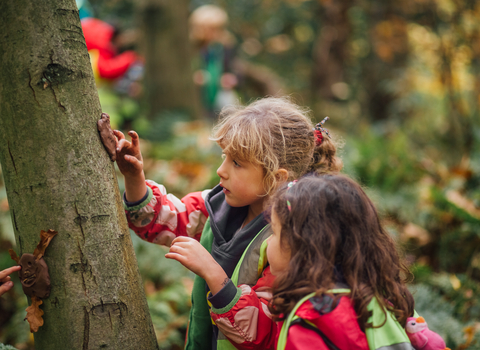 Photo of two children in the woods